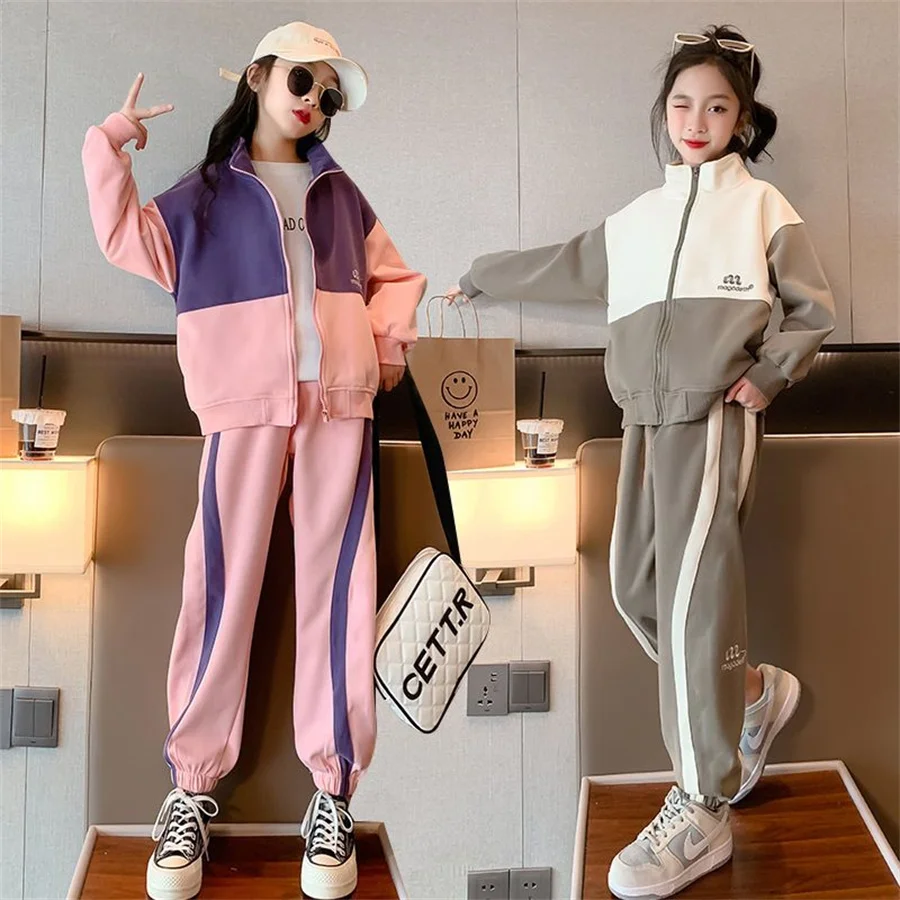 New Girls Letter Teen abbigliamento Casual Set giacca a due pezzi pantaloni Jogger abiti colore grigio bambini abiti 6 8 10 12 14 anni