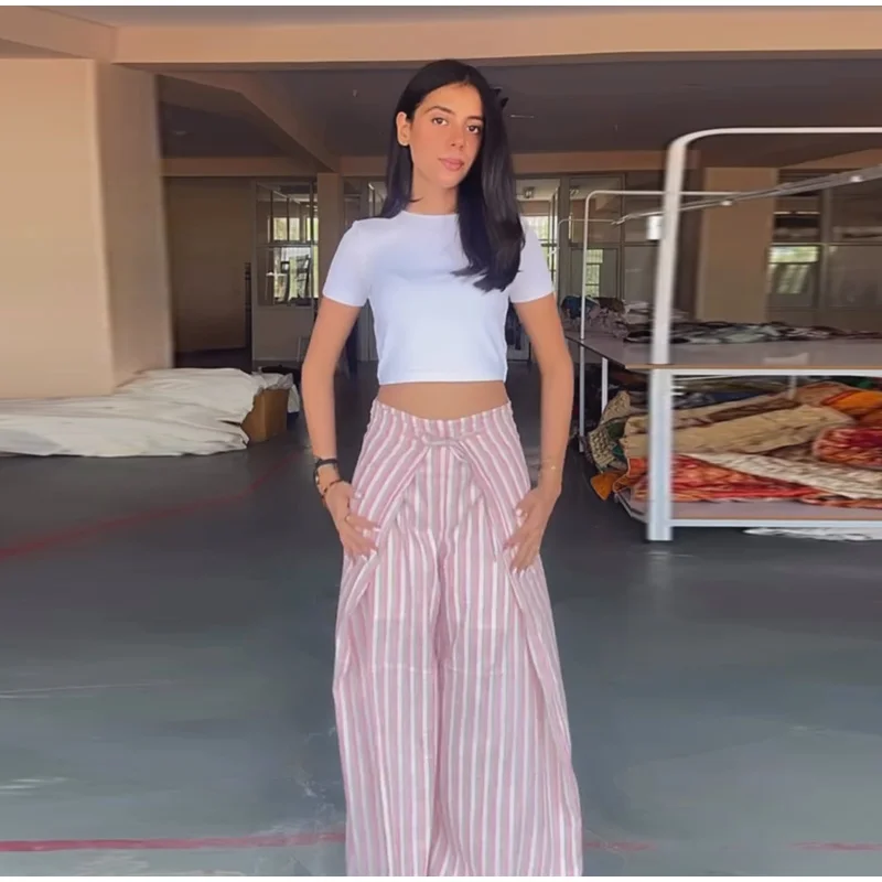 Casual Striped Women's Trouser Lace-Up Adjust Belt High Waist Wide Leg Pants 2026 Summer Autumn Fashion Female Street Trousers