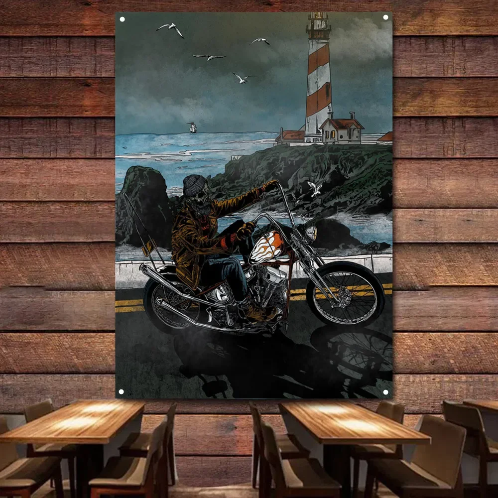 

Seaside Skeleton Biker Vintage Decor Banner Motorcycle Painting for Garage Gas Station Man Cave Auto Repair Shop Decor Poster