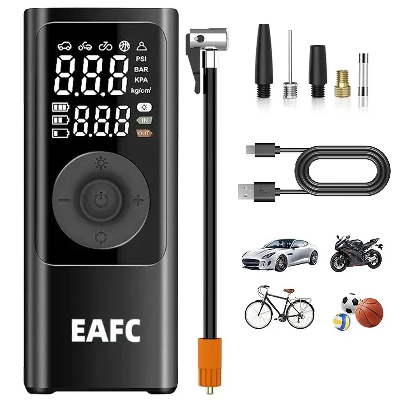 Pompa ad aria ricaricabile EAFC, gonfiatore per pneumatici con batteria ricaricabile ad alta densità integrata per una lunga durata, compressore portatile, gonfiatore digitale per pneumatici di auto,