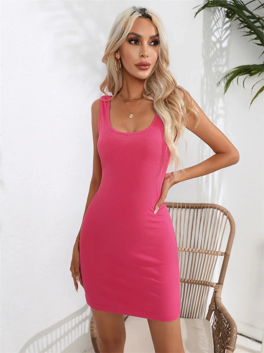 

Sleeveless Knitted Pit Stripe Vest Dress O-Neck High Stretch Women's Dress Casual Commuting Women Sheath Mini Dresses