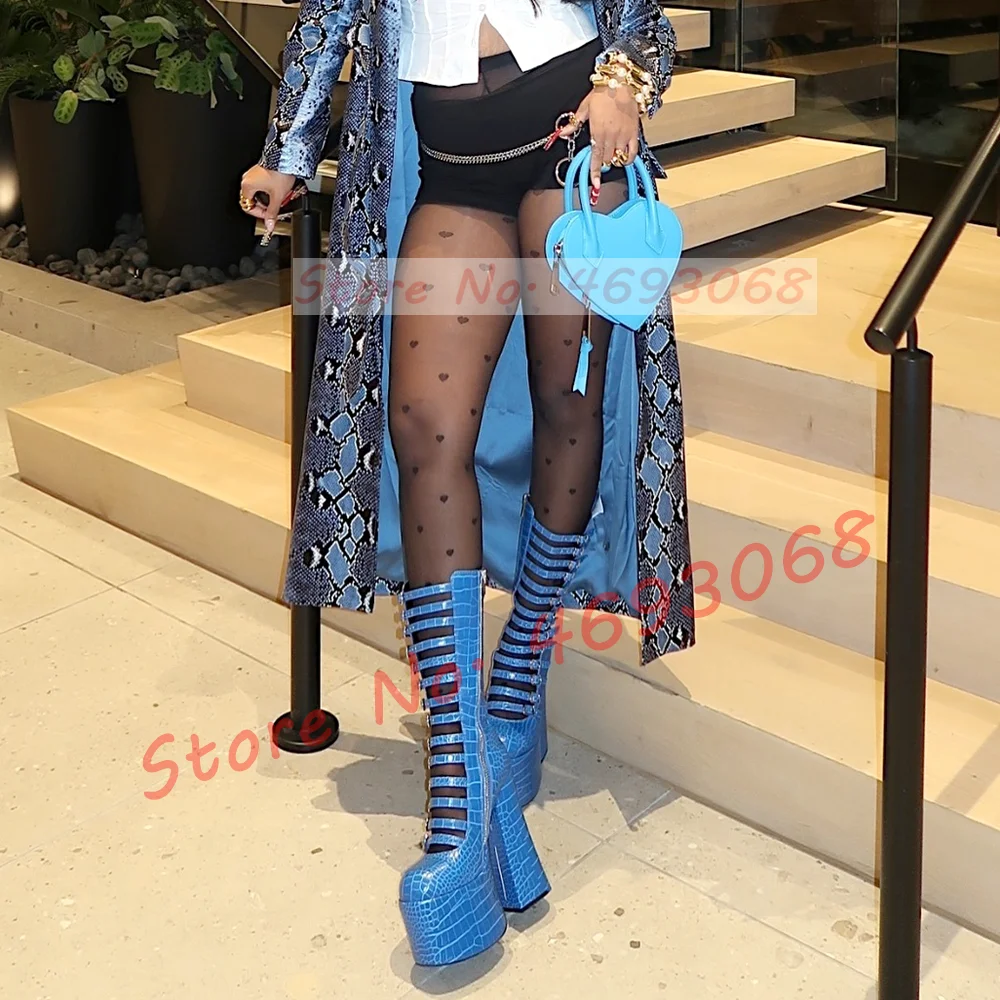 Blue Strappy Platform Mid Calf Boots Women Spring Crocodile Print Round Toe Boots Ladies 14 Buckle Straps Chunky High Heel Shoes