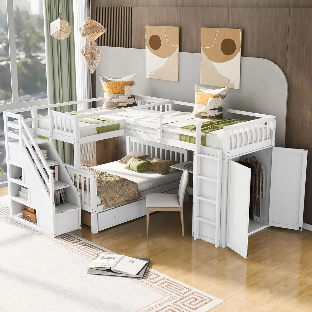 L-Shaped Bunk Bed with Stairs, Wardrobe, and Storage for Kids, Teens, and Adults in White