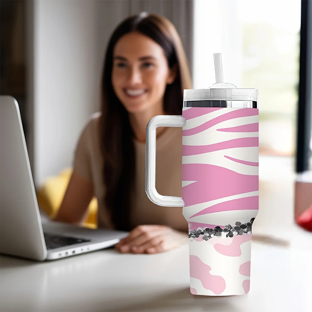Trendy Pink Mixed Cow Zebra Animal Print Sequin Patch Travel Tumbler with Handle And Reusable Drinking Straw