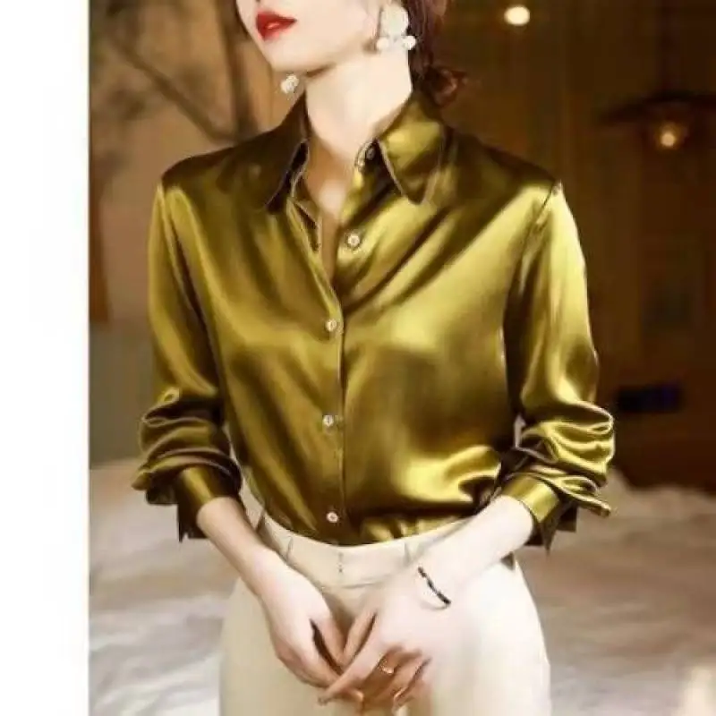 Camisa de satén de crepé de seda de imitación de gama alta para mujer, camisa de manga larga, temperamento, viaje, Top de seda brillante, moda de