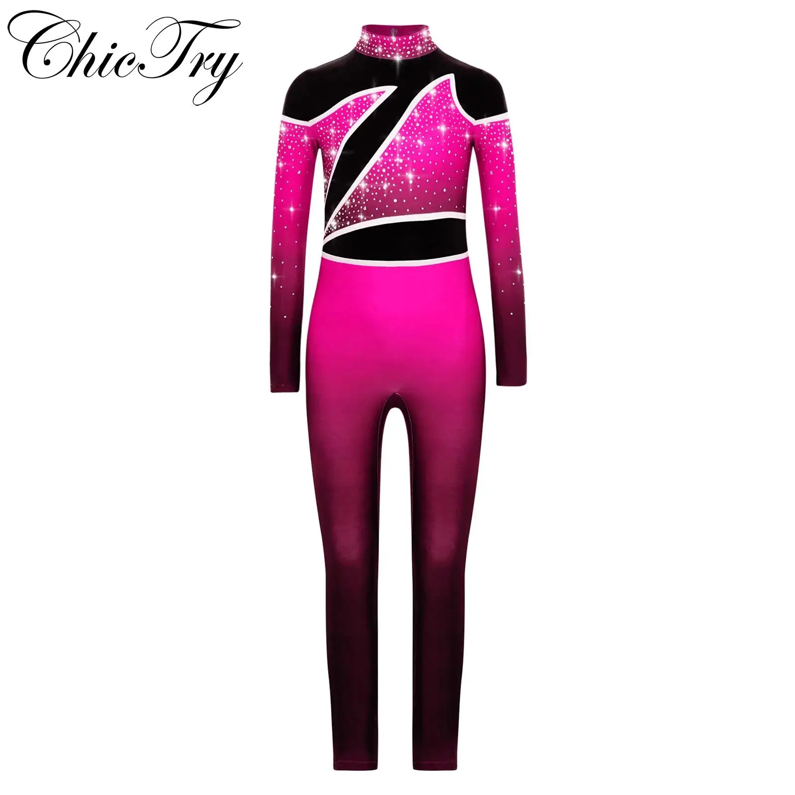 

Kids Girls Ballet Gymnastics Jumpsuit Figure Ice Skating Performance Costume Long Sleeve Keyhole Back Rhinestones Dance Bodysuit