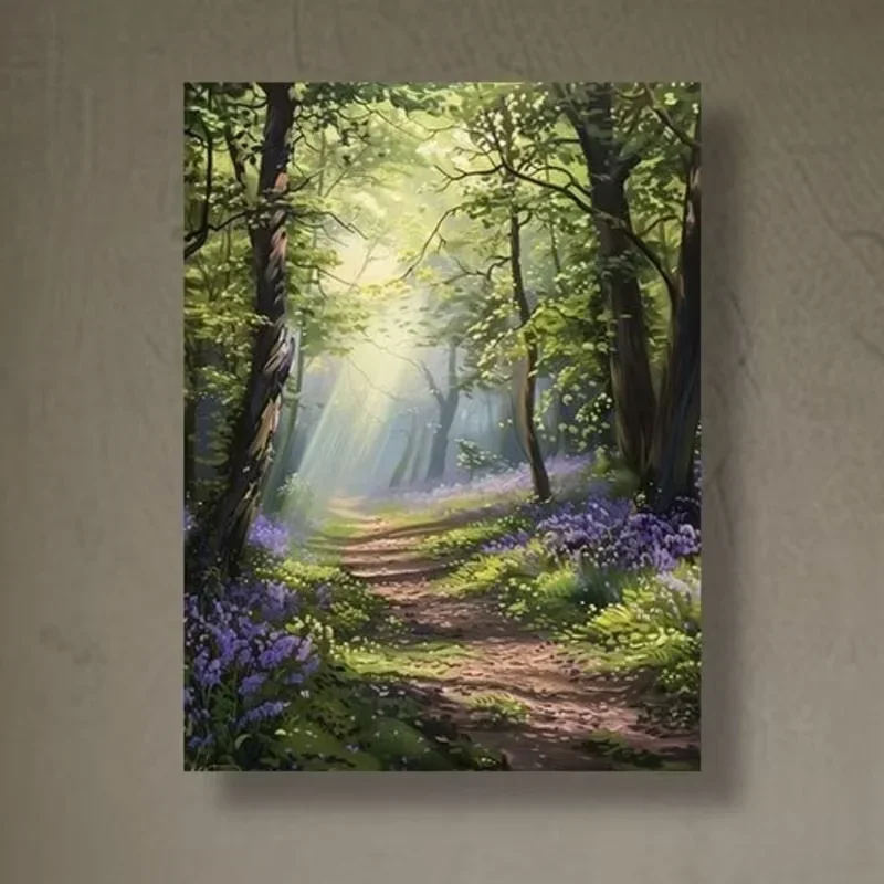 2D Flat, Bluebell Quiet British Forest Path Canvas Wall Art, Modern Bedroom Living Room Studio Decorative Painting - 12x16 In