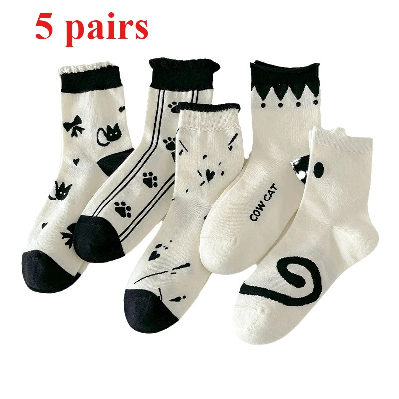 

5 Pairs of Four Season Pure Cotton Mid Tube Socks Cartoon Cute Japanese Trendy Socks Comfortable Soft Casual Women's Socks
