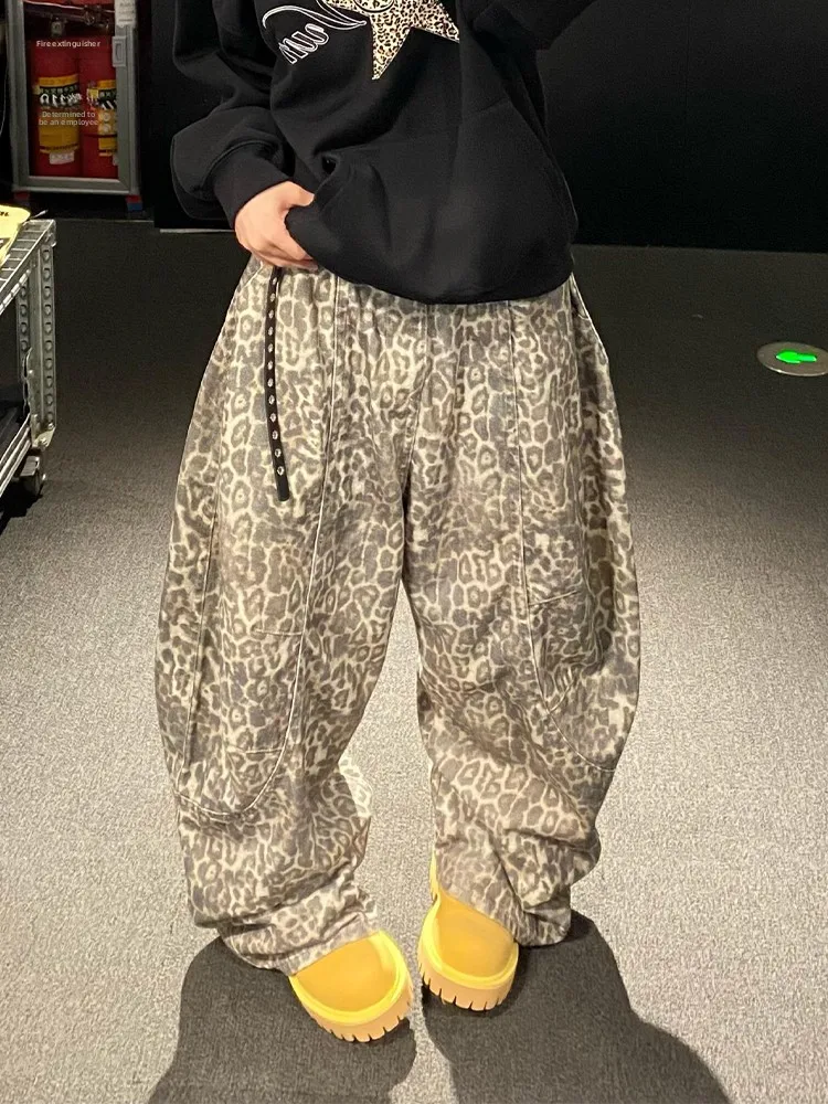 American Lazy Sle Small Size Leopard Print High Waist Wide Leg Jeans Women's Autumn Winter New Retro Loose Fit Trousers