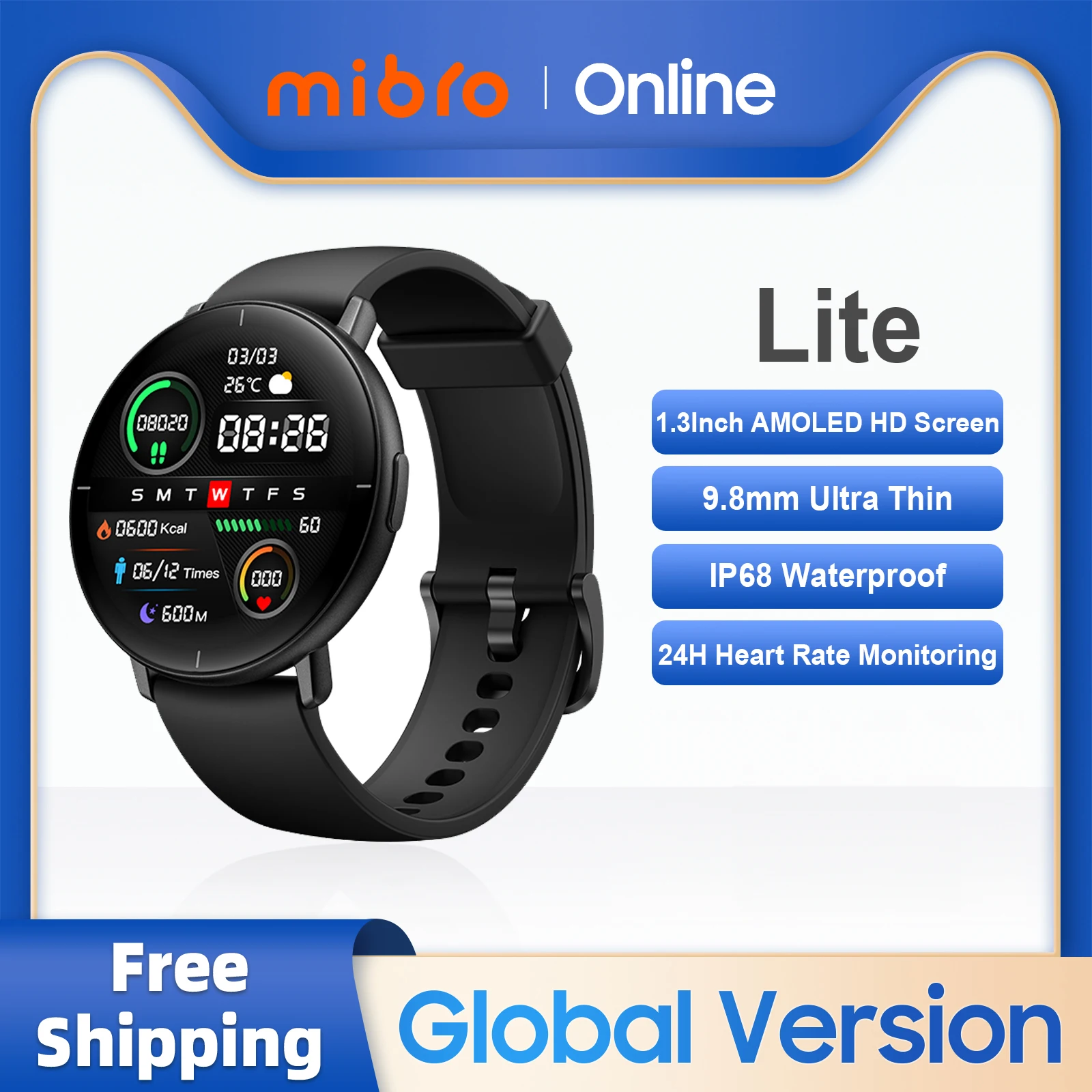 Mibro Lite 스마트 워치 글로벌 버전 1.3 인치 AMOLED HD 디스플레이 IP68 방수 응용 프로그램 제어 피트니스 모니터링 Bluetooth 스포츠 남성 스마트 워치 iOS 안드로이드 호환