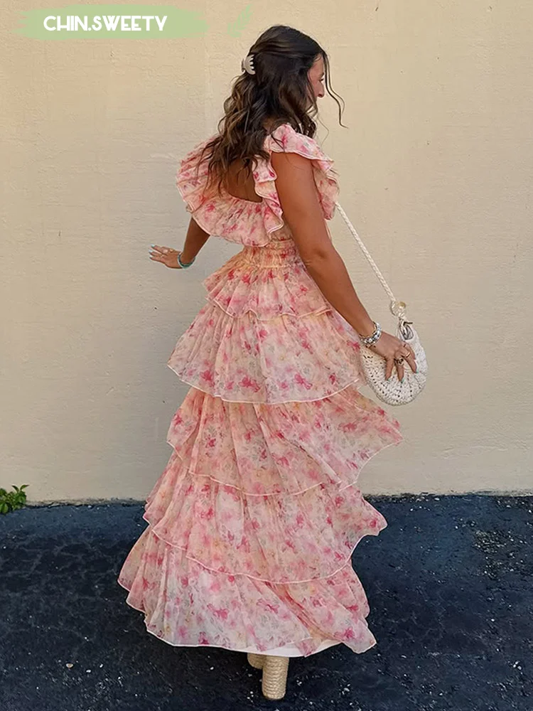 

Floral Ruffle Edge Maxi Cake Dress Women Casual Square Neck Sleeveless Lace Up Long Dresses 2025 New Summer Holiday Daily Robe