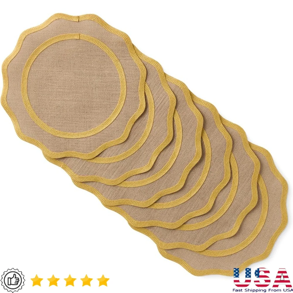 

Natural Jute Burlap Scallop Edge Placemats 6-Pack Round Woven Table Mats Eco-Friendly Dining Accessories 15 Inch