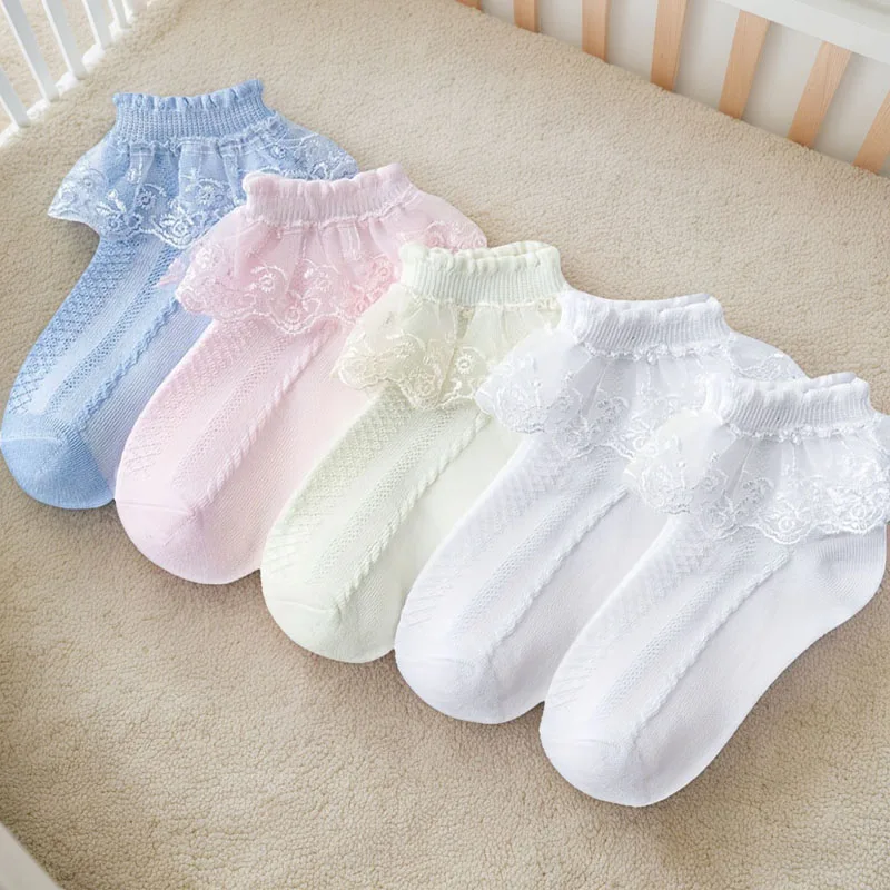 5 Pairs Girls Lace Ruffle Socks Cotton Breathable Comfy Adorable Princess-Style Kids Dance-Ready Socks with Frilly Trim