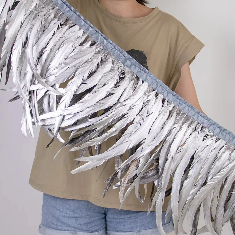 

Natural Rooster Feather Trim 1 Meter Gold/Silver DIY Wedding Plumes for Dress Skirt Ribbon Decoration Party Accessories