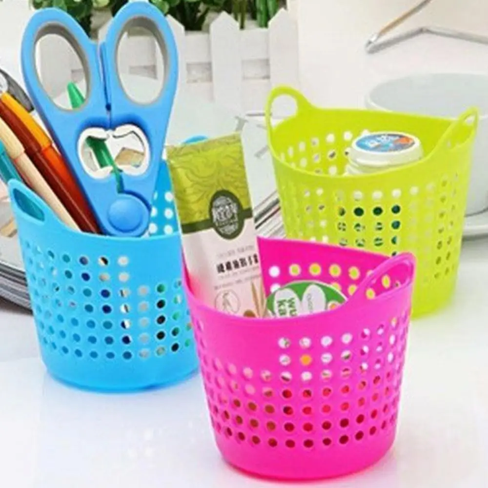 Hollow Desktop Storage Basket Mini Plastic Trash Can Stationery Cosmetic Desk Storage Basket Bins Sundries Toy Organizer Holder