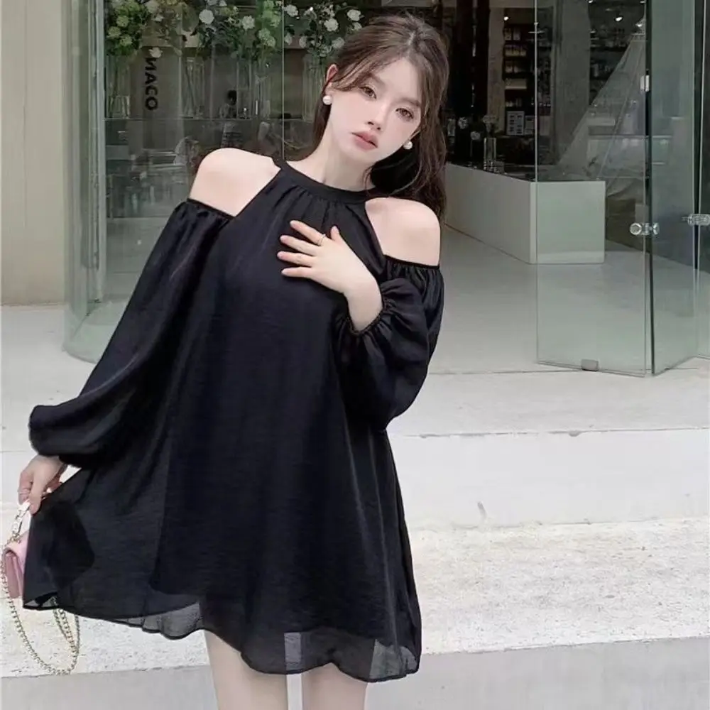 

Sweet Lantern Sleeve Off Shoulder Halter Dress Thin Elegant Halter Mini Dress Beachwear Korean Style A-line Short Skirt Beach