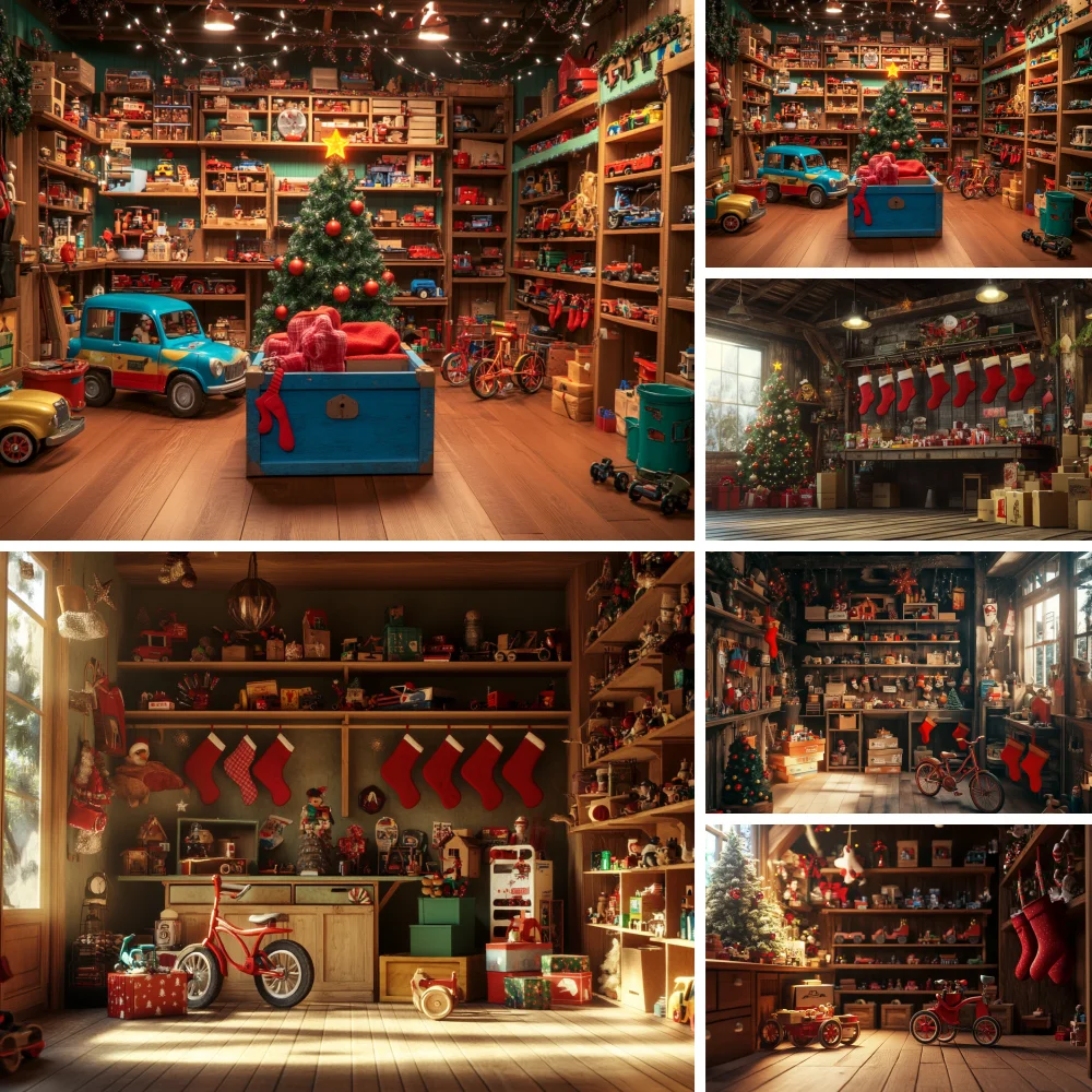 

Christmas Santa Claus Workshop Backdrop Xmas Tree Gifts Shelf Xmas Baby Kids Family Portrait Photography Background Photo Studio