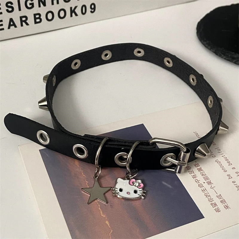 Sanrio Hello Kitty Necklace Cute Anime Cartoon Goth Girls Y2K Punk Rock Ornaments Fashion Leather Hip Hop Choker Fashion Gifts