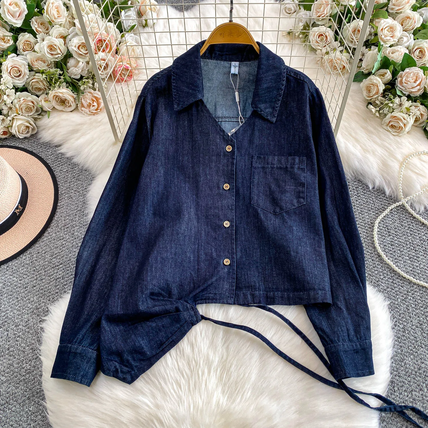 

Женская джинсовая куртка SuperAen в стиле ретро, осень-зима 2022, новый дизайн в конге, асимметричный топ на шнуровке