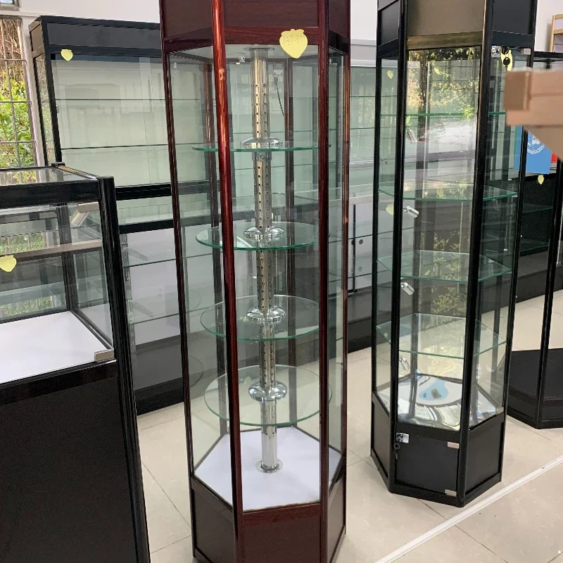 Hexagonal rotating tempered glass aluminum frame, wall-mounted display cabinet LED lighting Heavy-duty environmental protection