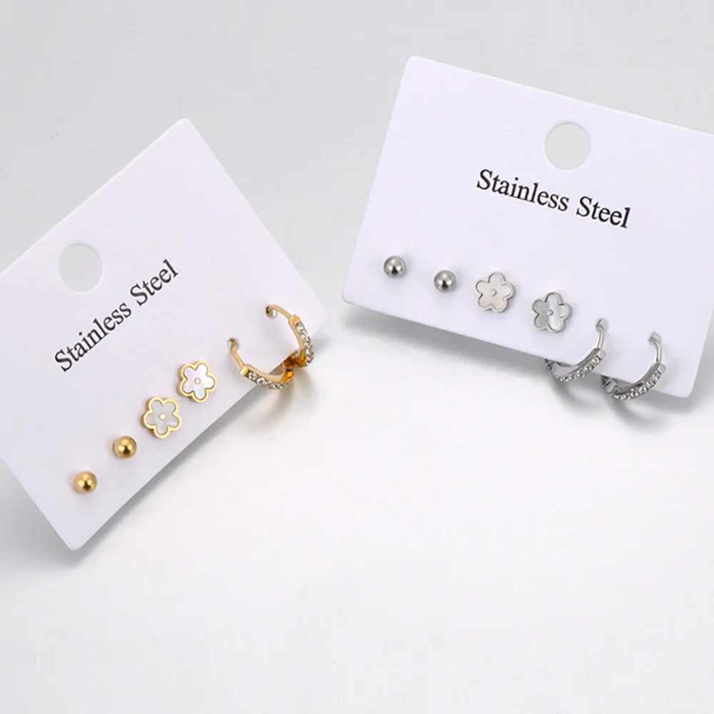 3 Paare/satz Mode Edelstahl Strass Blume Kleine Ohrringe Mode Weiß Shell frauen Schmuck 18 Karat Vergoldet