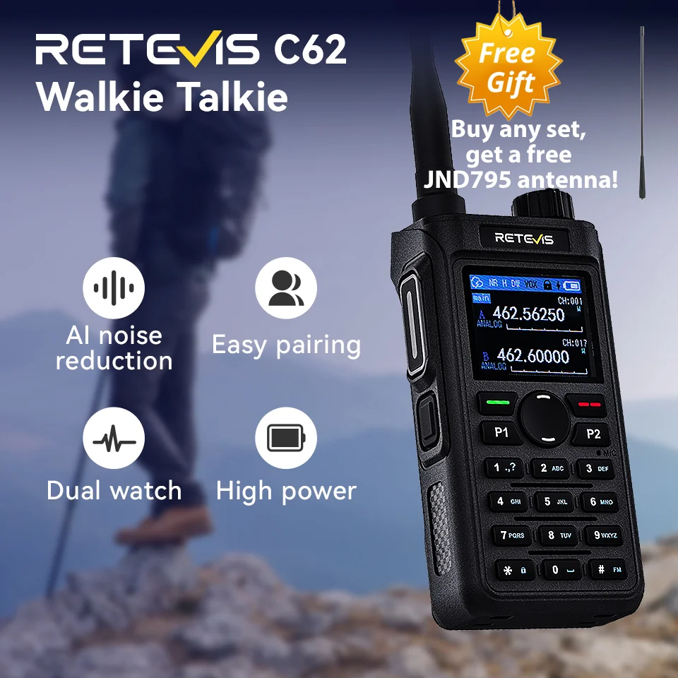 Retevis C62 Walkie Talkie Long Range Communication Radio VHF UHF Ham Radio Station Noise Reduction Group Call Camping Emergency