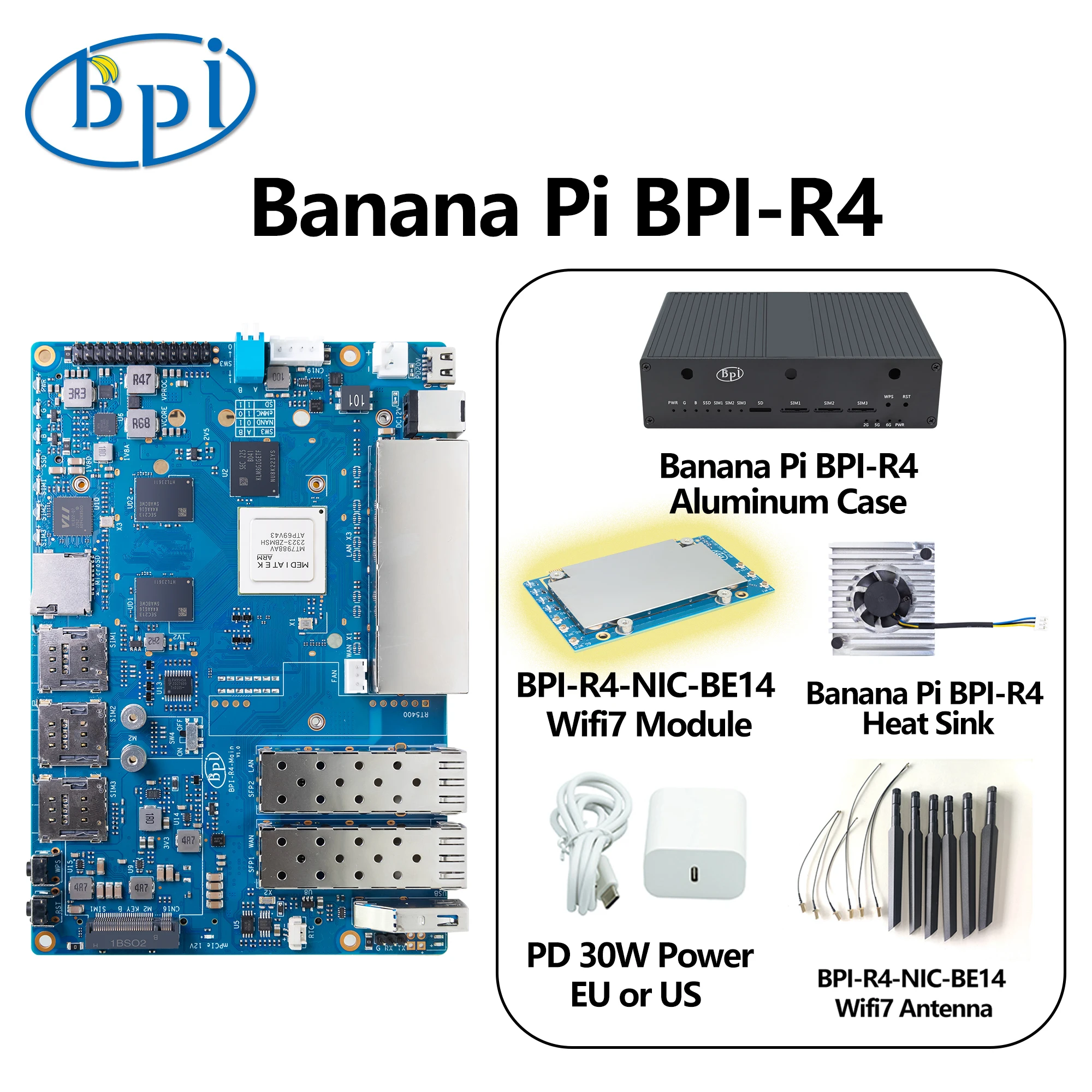 Banana Pi BPI-R4 Traje con Estuches MediaTek MT7988A (Filogic 880) brazo de cuatro núcleos Corex-A73 4GB DDR4 8GB eMMC Openwrt Router Board