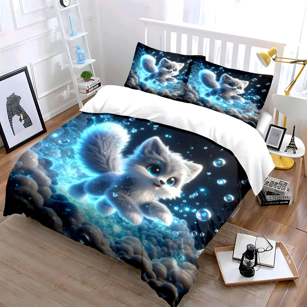 Adorable fox in glowing bubbles Printed Duvet Cover Set1 Duvet Cover+2 PillowcaseMulti Size Bedroom Bedding Decor