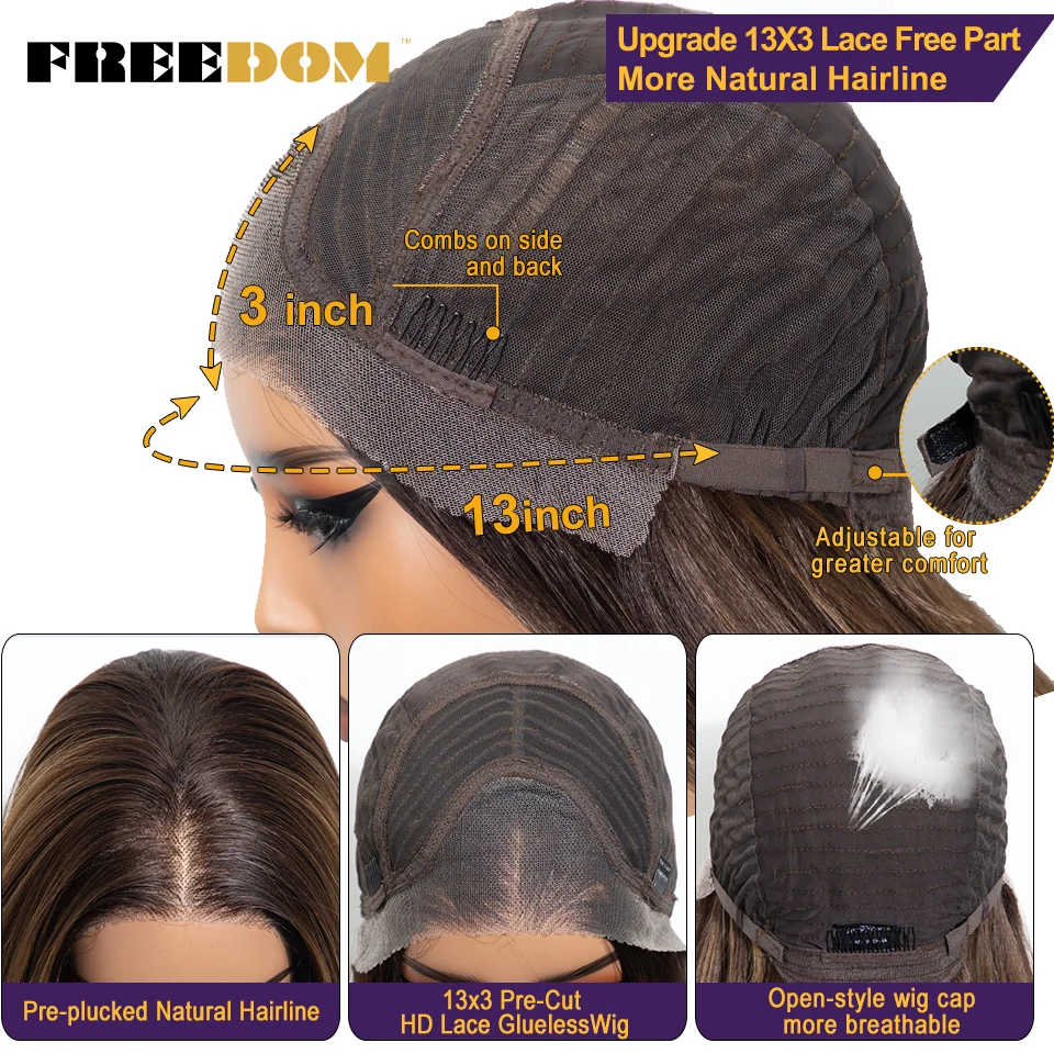 FREEDOM 13X3 Synthetische Lace-Front-Perücken für Damen, 16" Ombre-Braun mit Highlights, geschichtet, gewellt, vorgezupfter Haaransatz, Perücken für den täglichen Gebrauch – Detail 6
