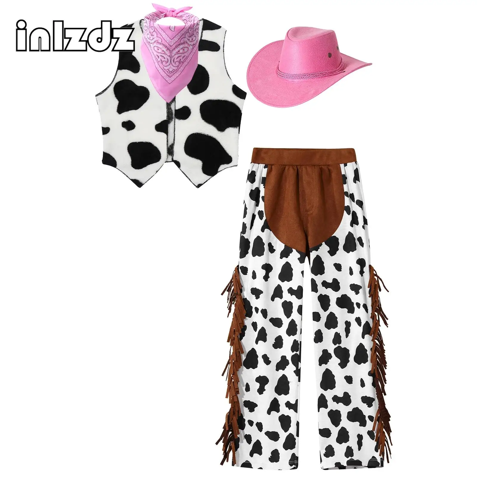 Kids Western Cowboy Cowgirl Cosplay Outfit Cow Spots Print Vest Tops Fringe Pants Bandanna Hat Set for Wild West Fancy Clothes