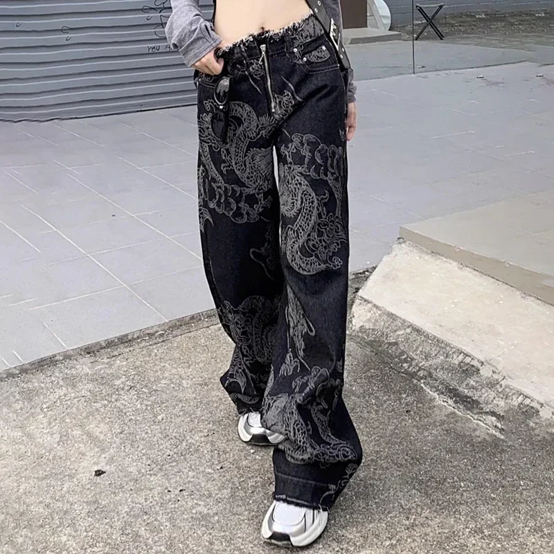 The Spice Girls Fashion Boyfriend Print Baggy Jeans Women Clothing Female Ladies Slouchy Streetwear Wide Leg Denim Pants AA1040