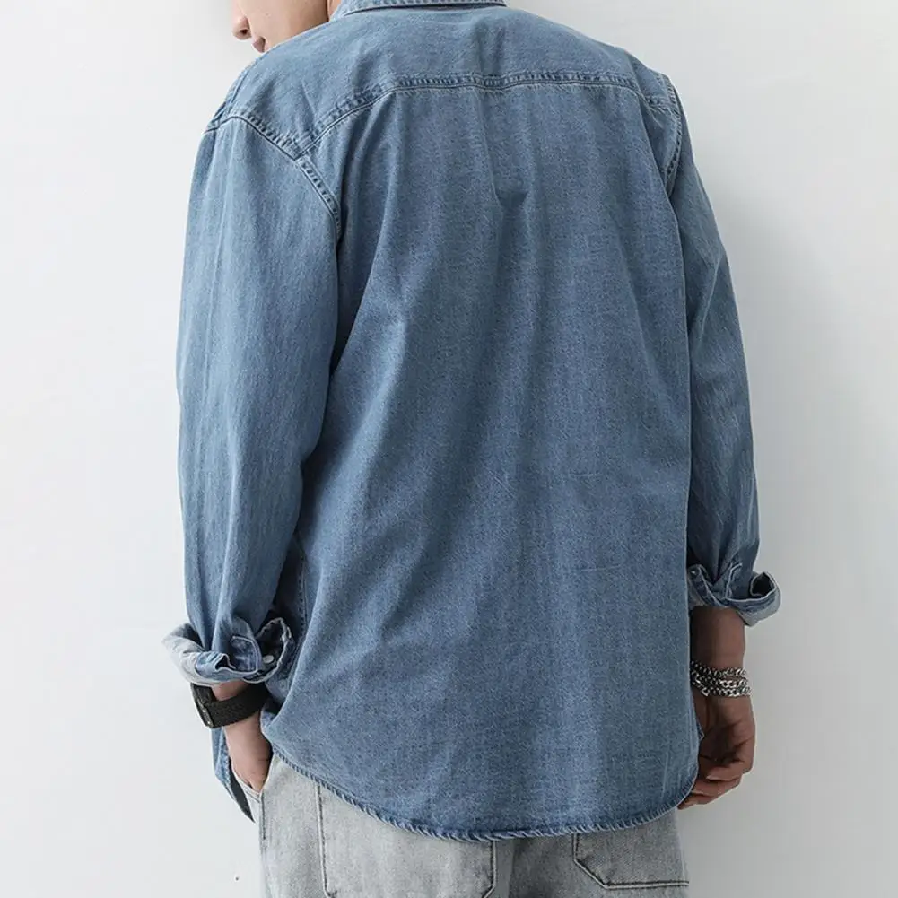 

Solid Color Long Sleeve Shirt Casual Men's Denim Shirt Long Sleeve Lapel Button Down Streetwear Top for Daily Work Fashion Solid