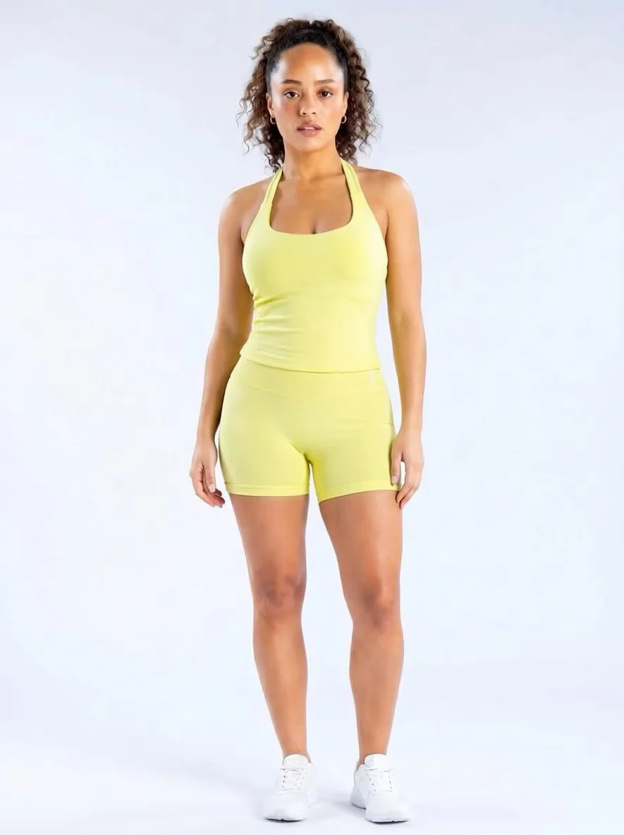 Workout Yoga 2-Teiliges Damen 3-Lagiges Neckholder Sportoutfit, Hochelastisches Nahtloses Gepolstertes Cami-Tanktop & Passende Shorts Set – Detail 15