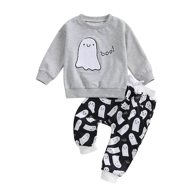 Toddler Baby Boy Halloween Outfits Long Sleeve Ghost Pumpkin Sweatshirt Top Pant Set Infant Fall Winter Clothes