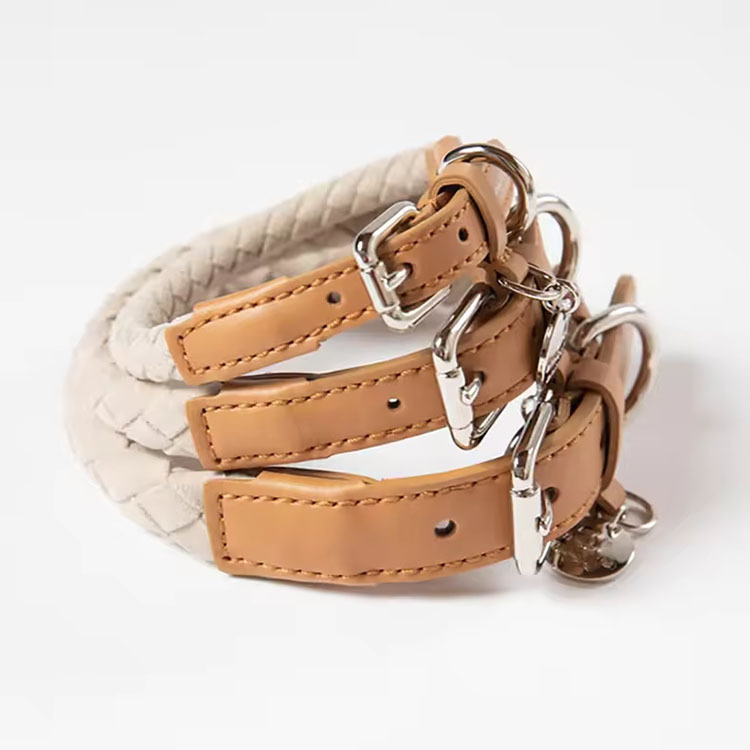 Chinese Style Braided Pu Leather Dog Collar Adjustable Soft Padded Pet Neck Collar For Small Mid Dogs Outdoor Walking Custom Log