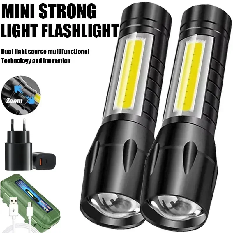 1/2pcs Mini LED Camping Flashlight Rechargeable Zoom Tactical Torch Side Lantern Waterproof Outdoor Emergency Lighting Spotlight