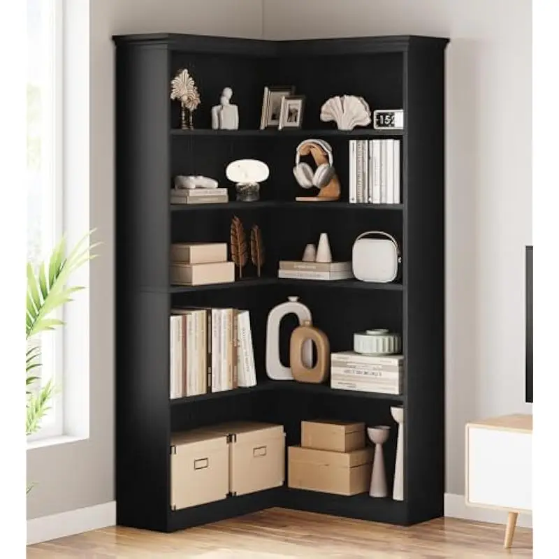 L Shaped Farmhouse Bookshelf 72.8 Inch Tall Floor Standing 5 Tier Storage Unit with Scratch Resistant MDF Panels Wide Lower Shel