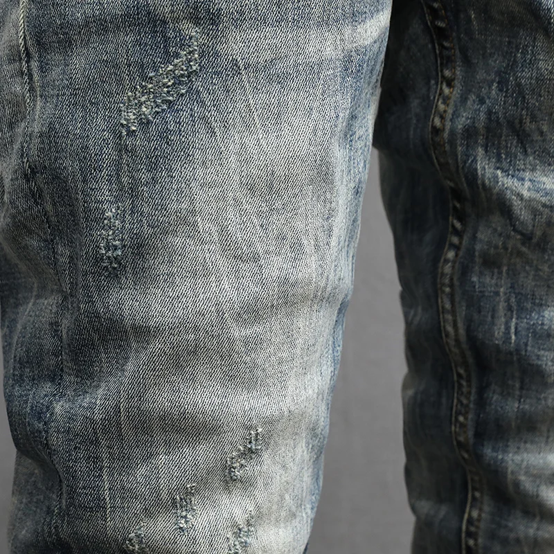 Fashion Designer Men Jeans High Quality Retro Washed Blue Stretch Slim Fit Ripped Jeans Men Vintage Denim Pants Trendy Trousers