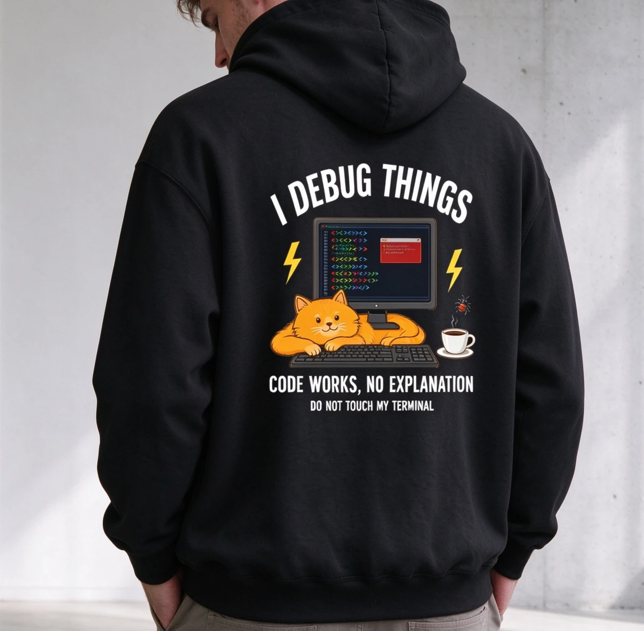 I Debug Things Hoodie Funny Coding Cat Back Print Pullover Debugging Humor Developer Gift Tech Joke Streetwear Top