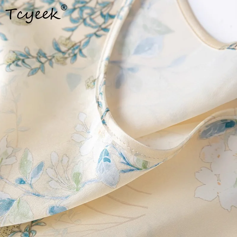 Tcyeek Women's 100% Mulberry Silk Dress,Plain Satin Printing Straight O-neck Loose Short Sleeved Summer Chemise Dress D55624JF