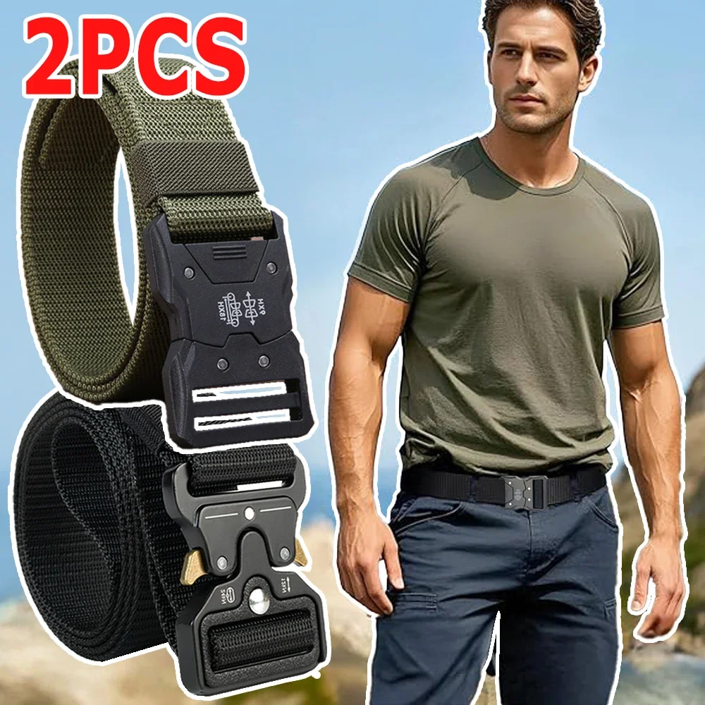 2PCS - Men's Tactical Belt, Army Style, Work, Hiking, Rugged - Belt with Heavy Duty Quick Release Metal Buckle