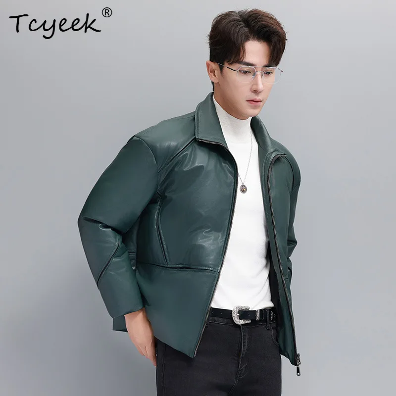 Tcyeek Real Leather Jacket Men Warm 90% White Goose Down Mens Clothes Natural Sheepskin Coats Loose Fit Chic All Plant Tanning