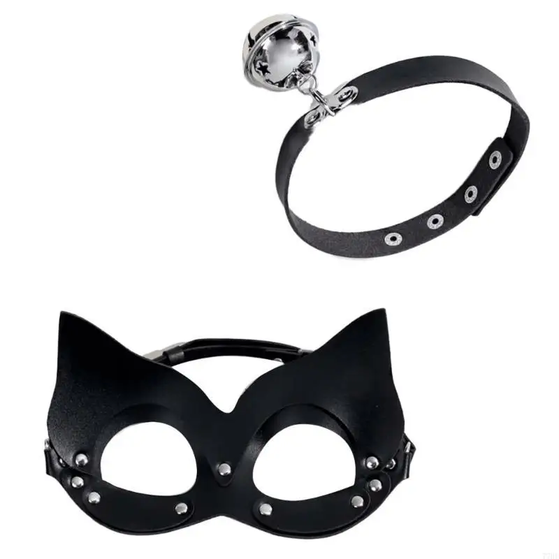 77He Catgirl Máscara com rebites couro Cara Catgirl Acessórios fantasia Meia máscara para mulheres Masquerade