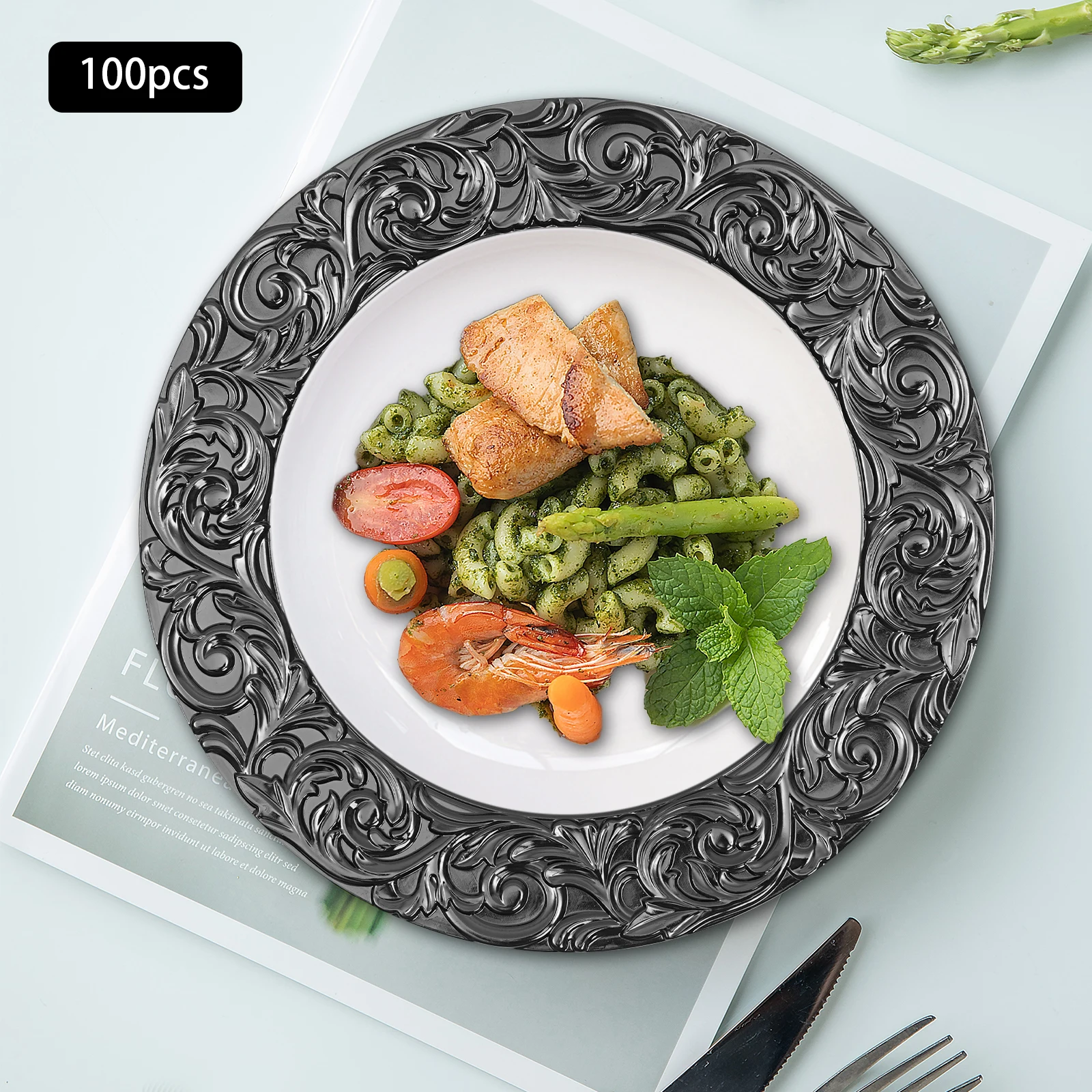 

100 PCS Black Charger Plates Set - Elegant Decorative Round Serving Plates for Wedding, Party - 12.99 Inch Reusable Plastic Tray