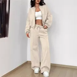 Women Tracksuit 2 Pieces Set Fashion Long Sleeve Zipper Coat Casual Solid Sweatshirt Straight Pants Suit Ladies Autumn Sportwear