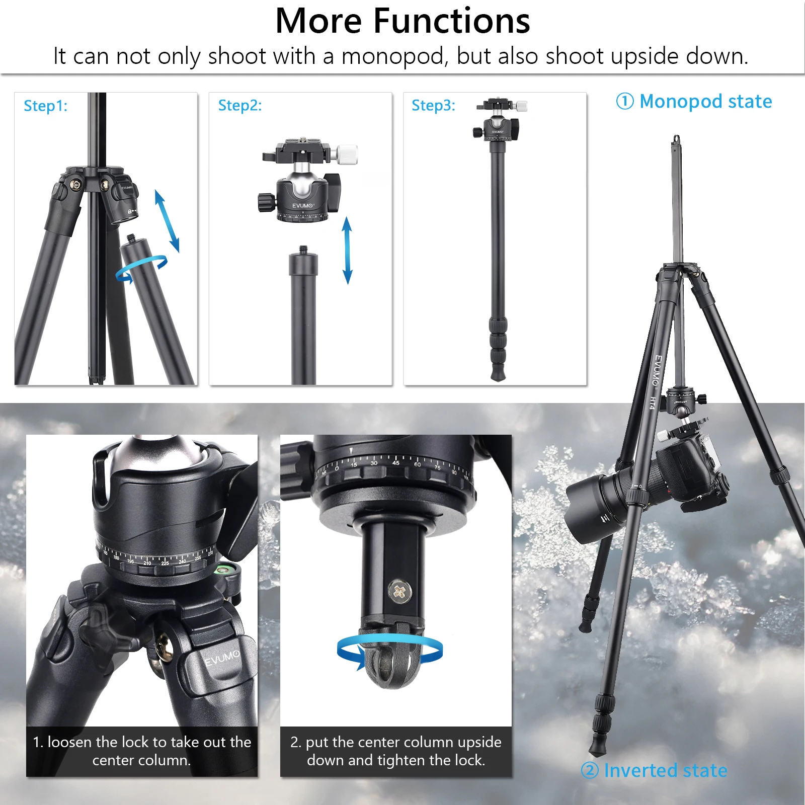 EVUMO 65\'\' Tripod for Camera Portable Compact Aluminum Monopod Phone Stand Load 15kg HT4 with 36mm Panoramic Ball Head