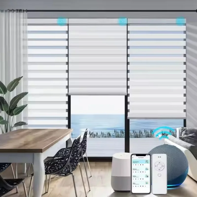 2026 Custom Size Multiple Color Options Filter Light Alexa And Google Remote Control Motorized Zebra Blinds For Windows