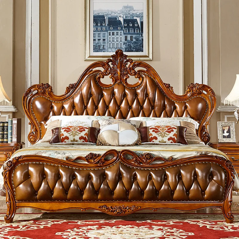 European Royal Luxury Style Solid Wood Frame Bed Set with Strong Durable Genuine Leather for Home Villa or Hotel Use