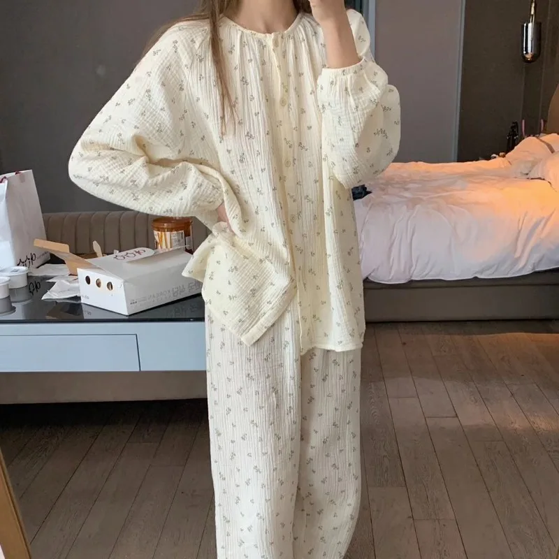 Floral Sleepwear Women Pajama Sets Autumn Korean Pants Sets 2 Pieces Piiama Night Wears Long Sleeve Casual Ruffles Home Suit New