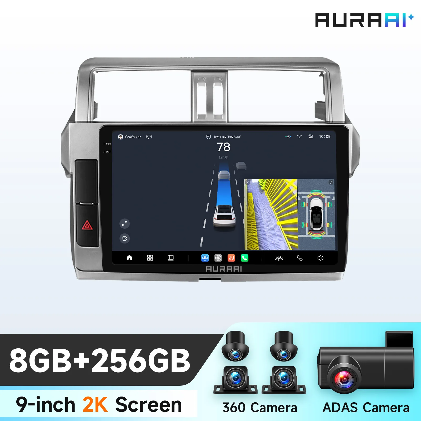 Autoradio Android 8 cœurs Carplay pour Toyota Land Cruiser Prado 150 2013-2017, écran intelligent 2K, GPS, ADAS + caméra 360°